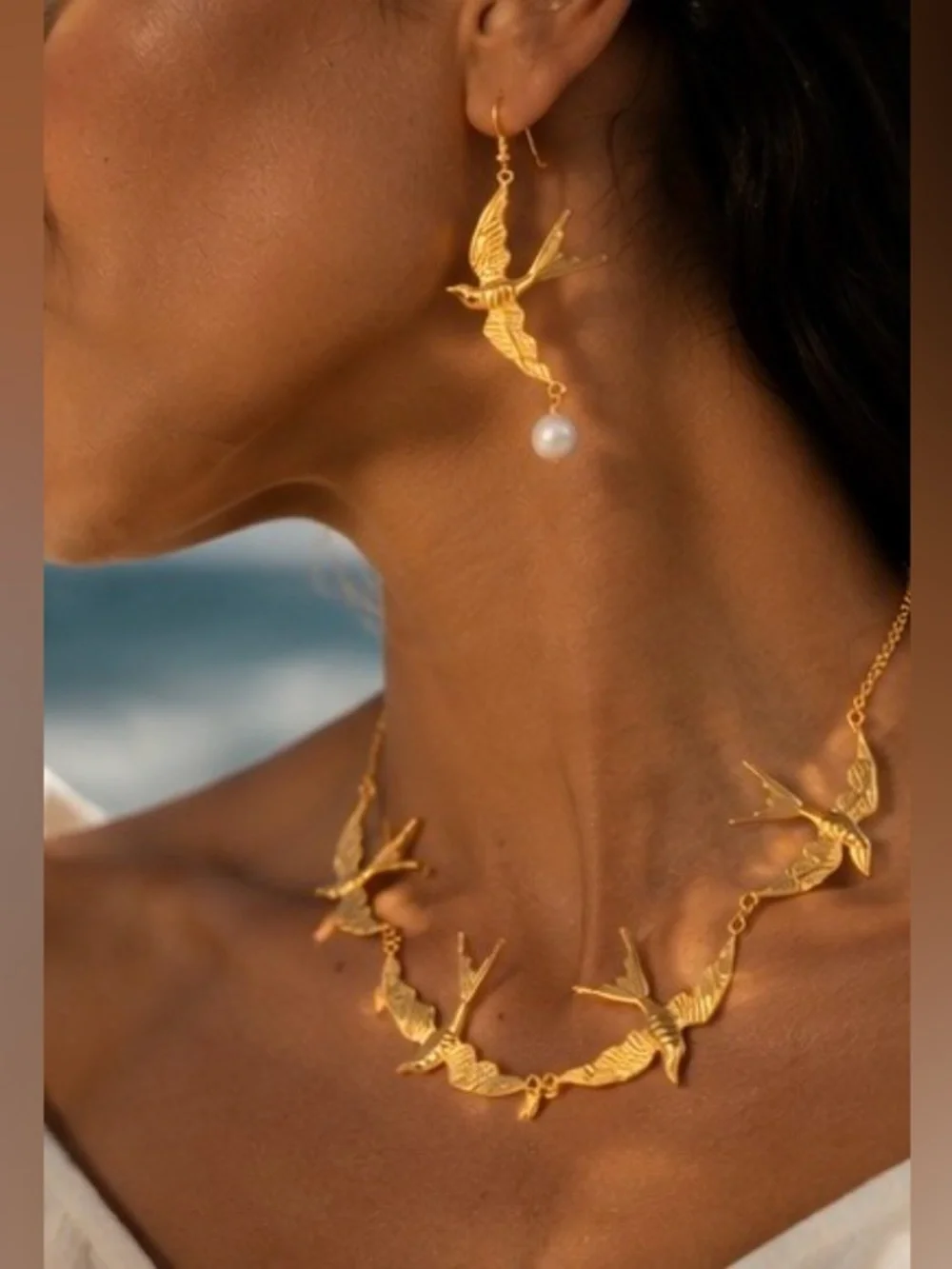 Gold Swallow Bird Necklace & Earrings Set | Pearl Drop Statement Jewelry - Picture 9 of 10